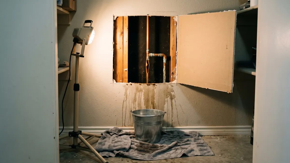 Opened utility-closet wall showing a split copper pipe, bucket and towels catching drips below