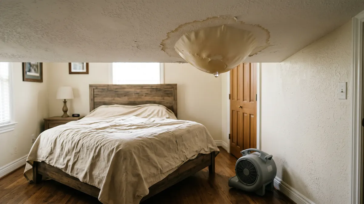 Bedroom ceiling with a sagging paint blister and water ring, air mover set up below