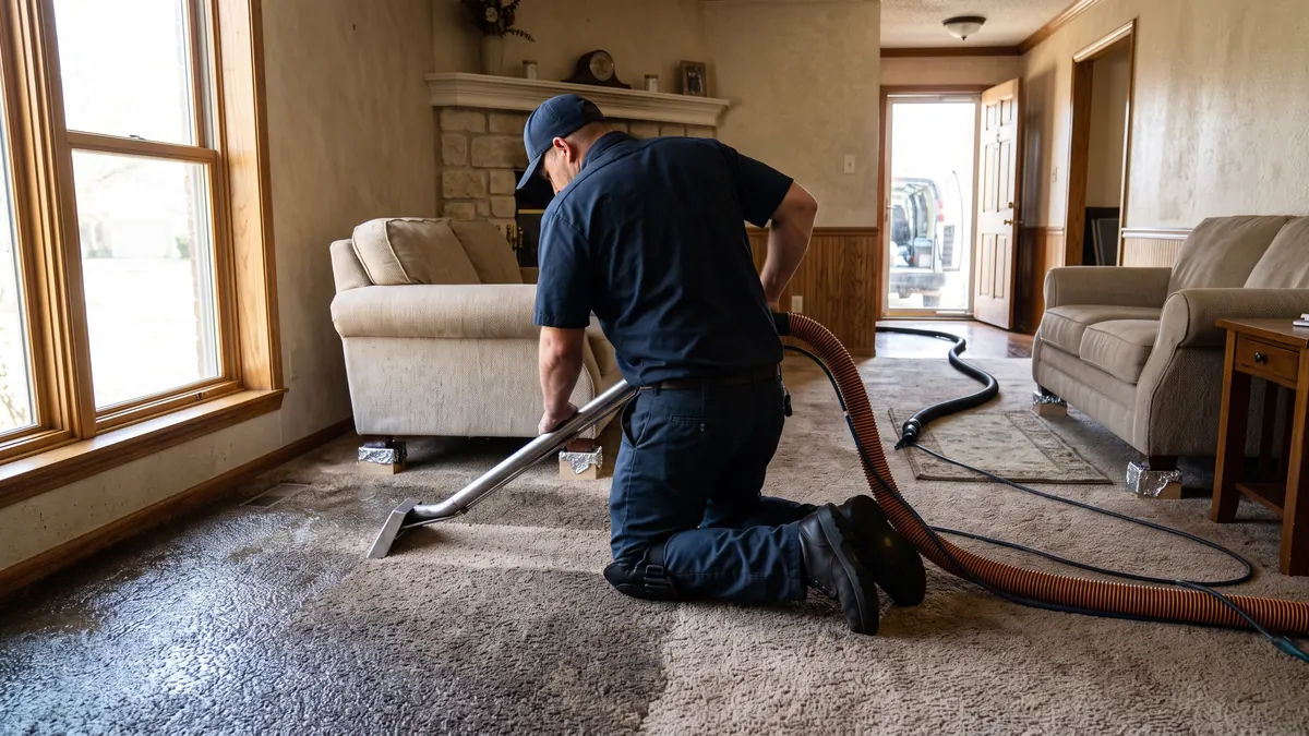 Technician kneeling on soaked carpet guiding an extraction wand, hose trailing out the front door