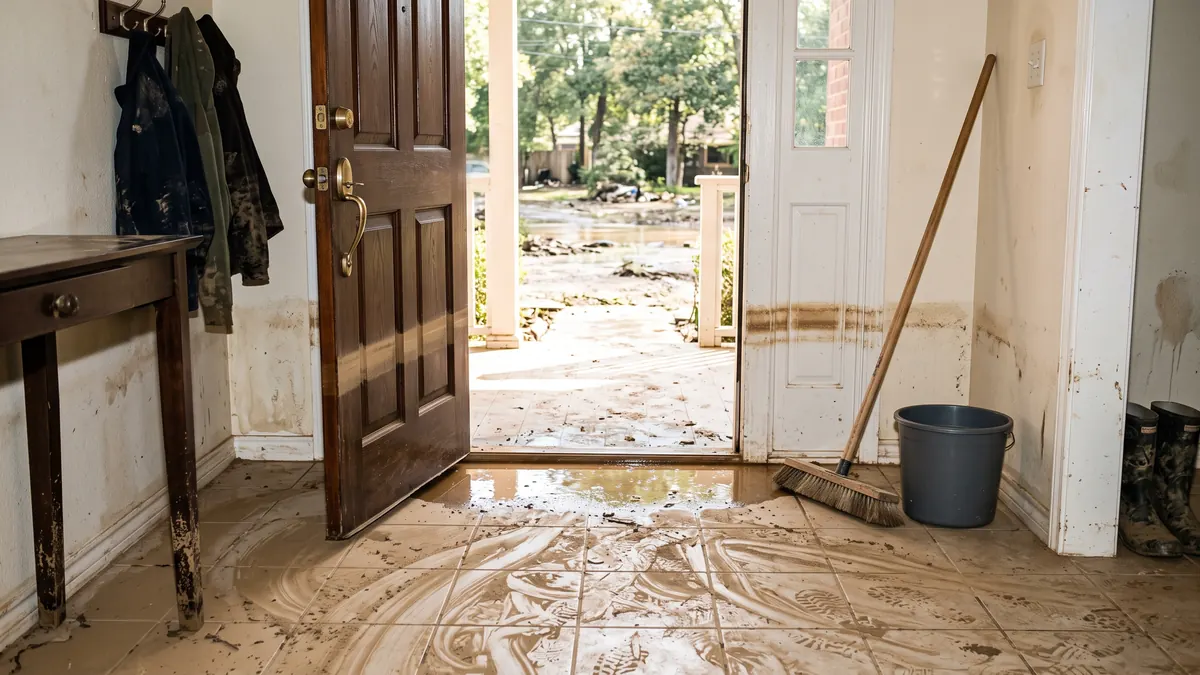 Front entryway with a silt film on the tile and a waterline stain across the door after creek flooding