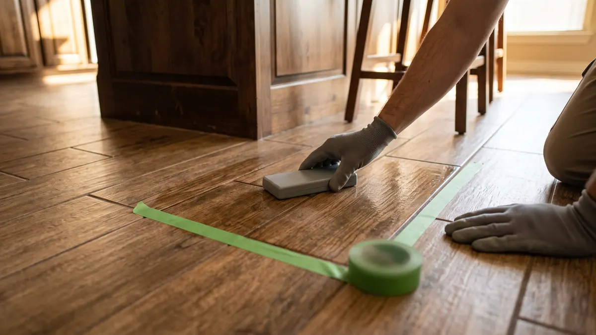 Gloved hand holding a moisture meter against wood-look tile near a kitchen island, painter's tape marking the damp zone