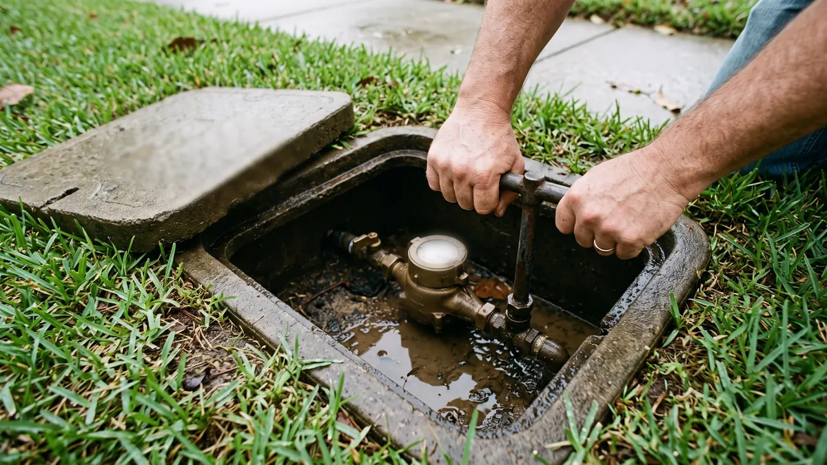 Hands using a meter key to close the curb-stop valve inside an open water meter box